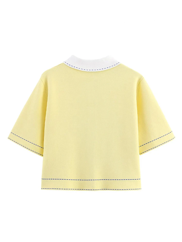 HH Women New Fashion Single Breasted POLO Shirt With Thread Lapel Short Sleeve Knit Coat Female Elegant Slim Fit Casual Top