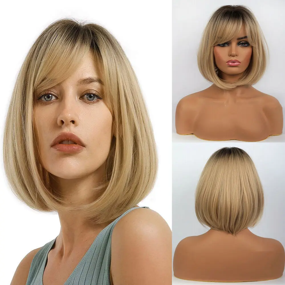 

Short Straight Wig Root Ombre Blonde Hair Wigs with Bangs for Women Wine red