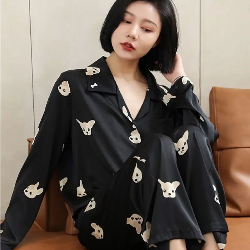 Pajamas Set Woman Spring and Autumn Couples Pajamas Long-sleeved Ladies Little Puppy Chiffon Men Can Be Worn Outside Sleepwear