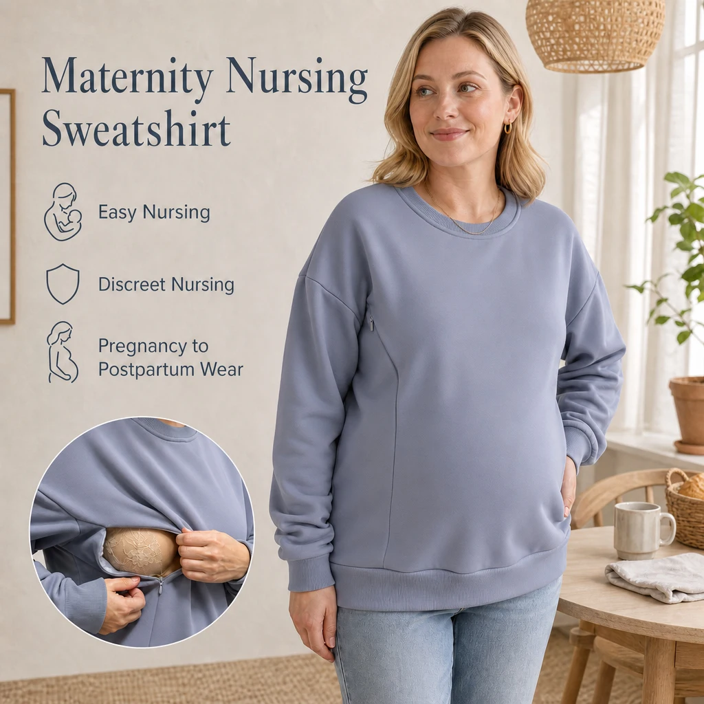 Crew Neck Maternity Nursing Sweatshirt Fleece Lined Side Horizontal Zipper Breastfeeding Top Loose Pregnant Women Pullover