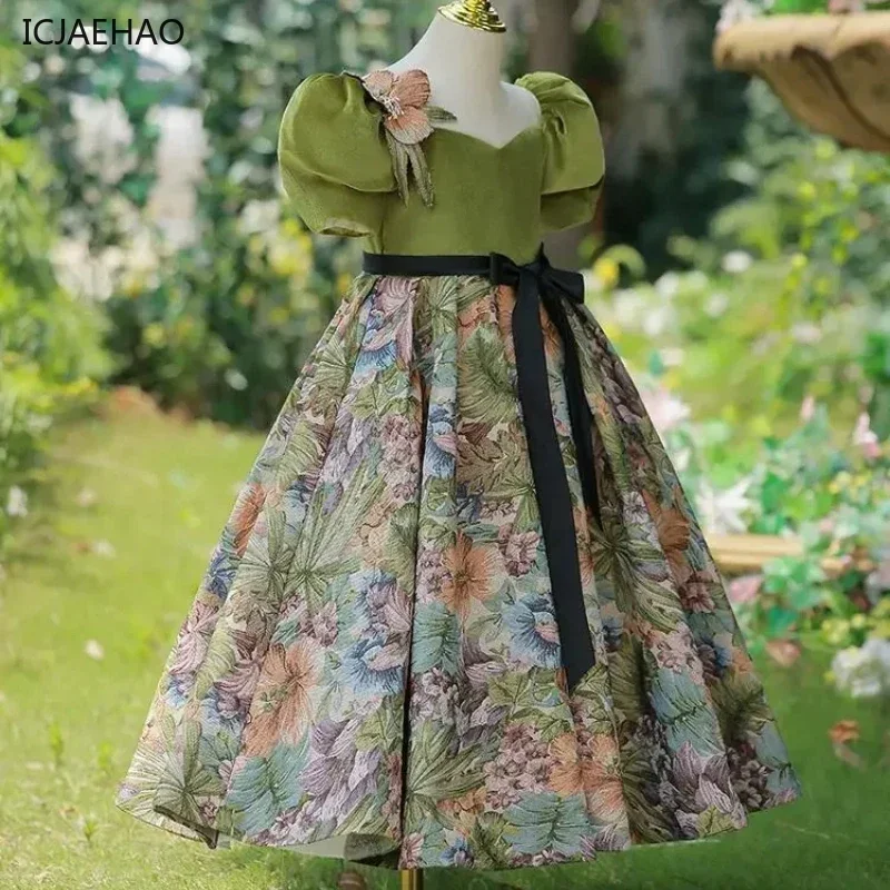 

2025 Kids Patchwork Floral Bowknot Green Dress Girls Frock Vintage Ball Gowns Girl Matching Teenager Elegant Prom Party Clothes