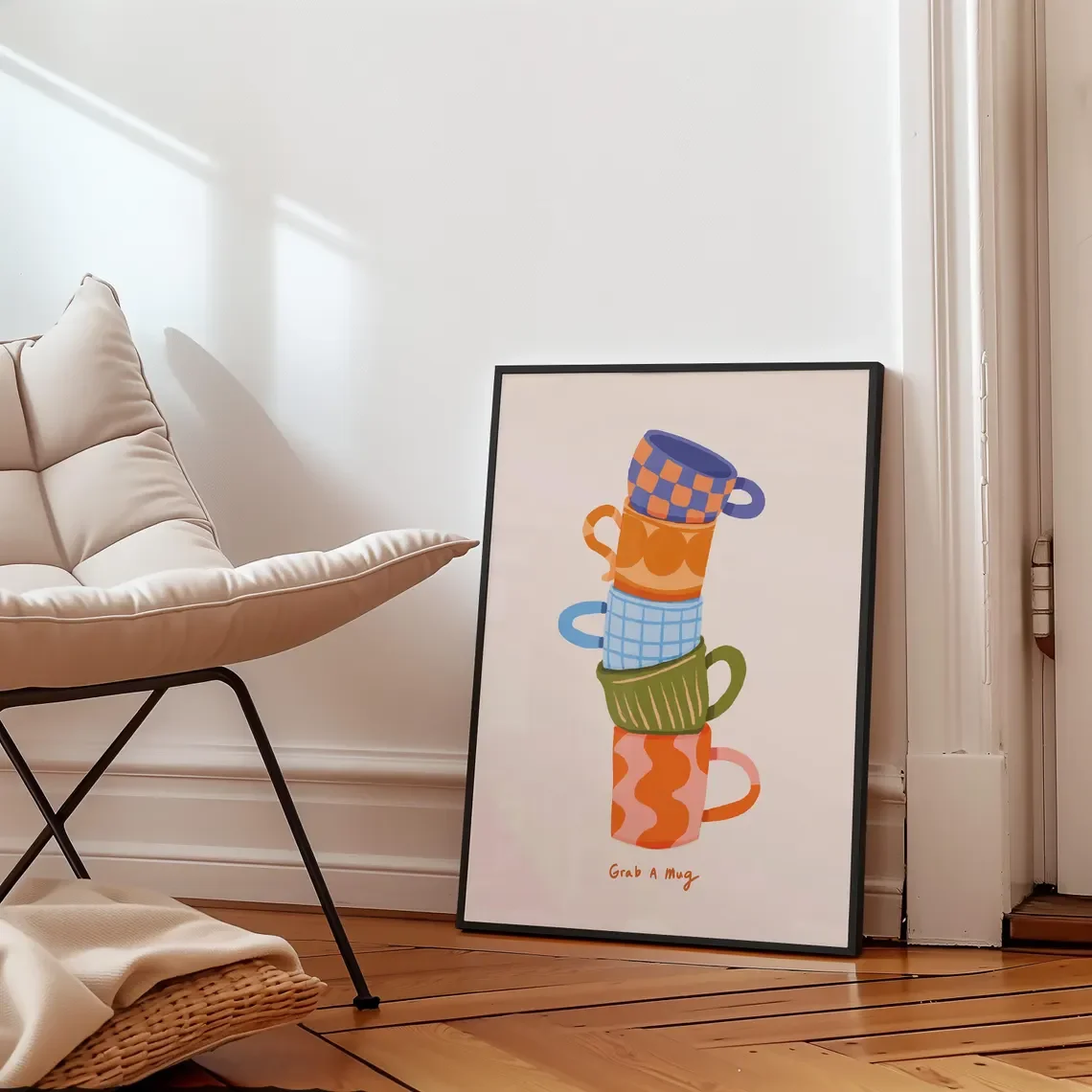 Warm Stacked Mugs Wall Art - Whimsical Print Celebrating Cozy Mornings. Ideal for Coffee Lovers, Kitchen Enthusiasts,