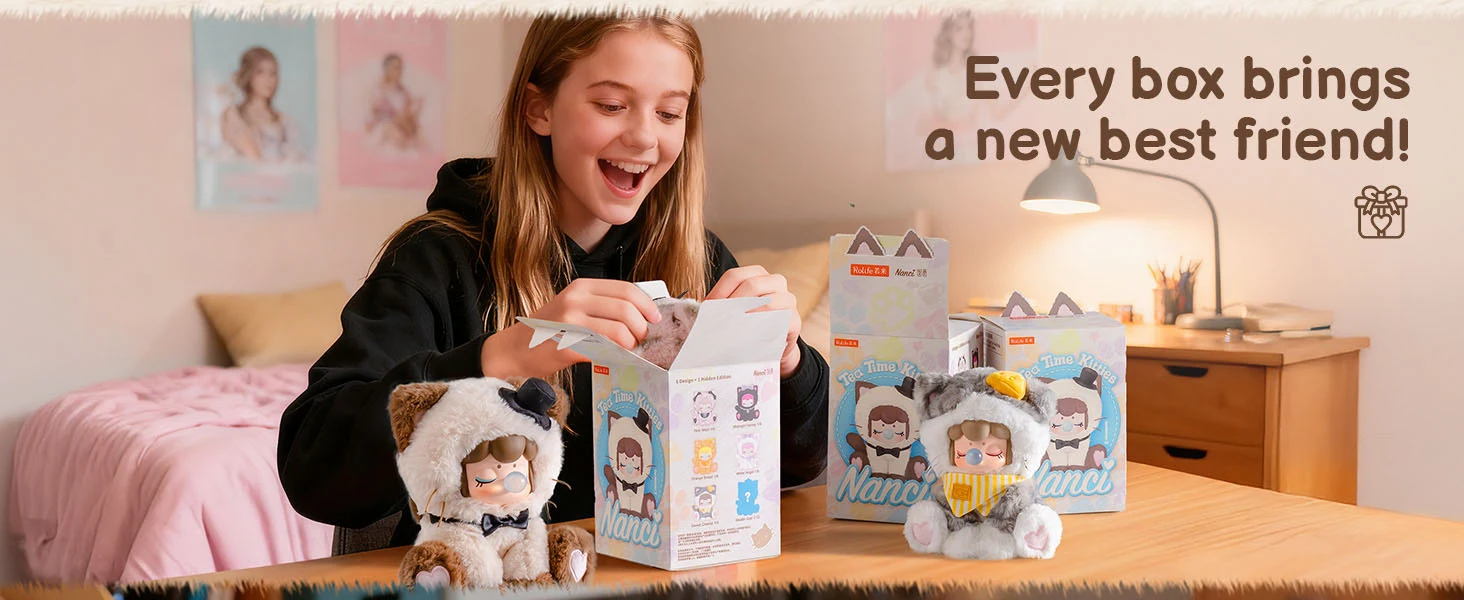 Rolife Plush Blind Box Nanci's Tea Time Kitties Action Figure Collectible Plush Doll Toys Surprise Box Gift for Kids Friends