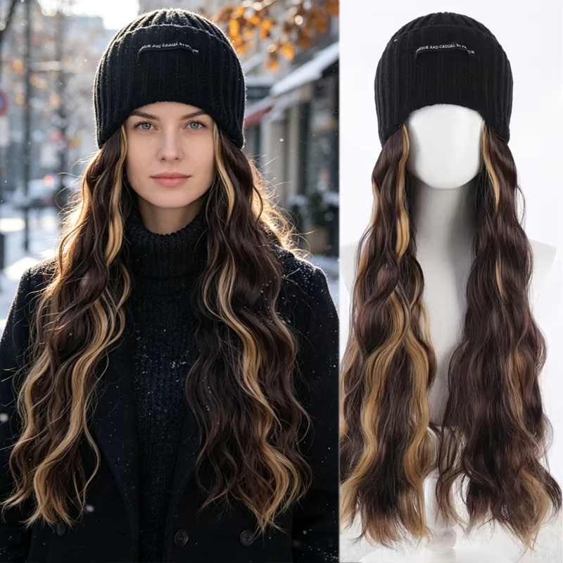 Synthetic Hat Wig for Women Girls, 22 Inch Long Wavy Integrated Wig with Black Knit Beanie Hat, Winter Daily Wear Hair Accessory