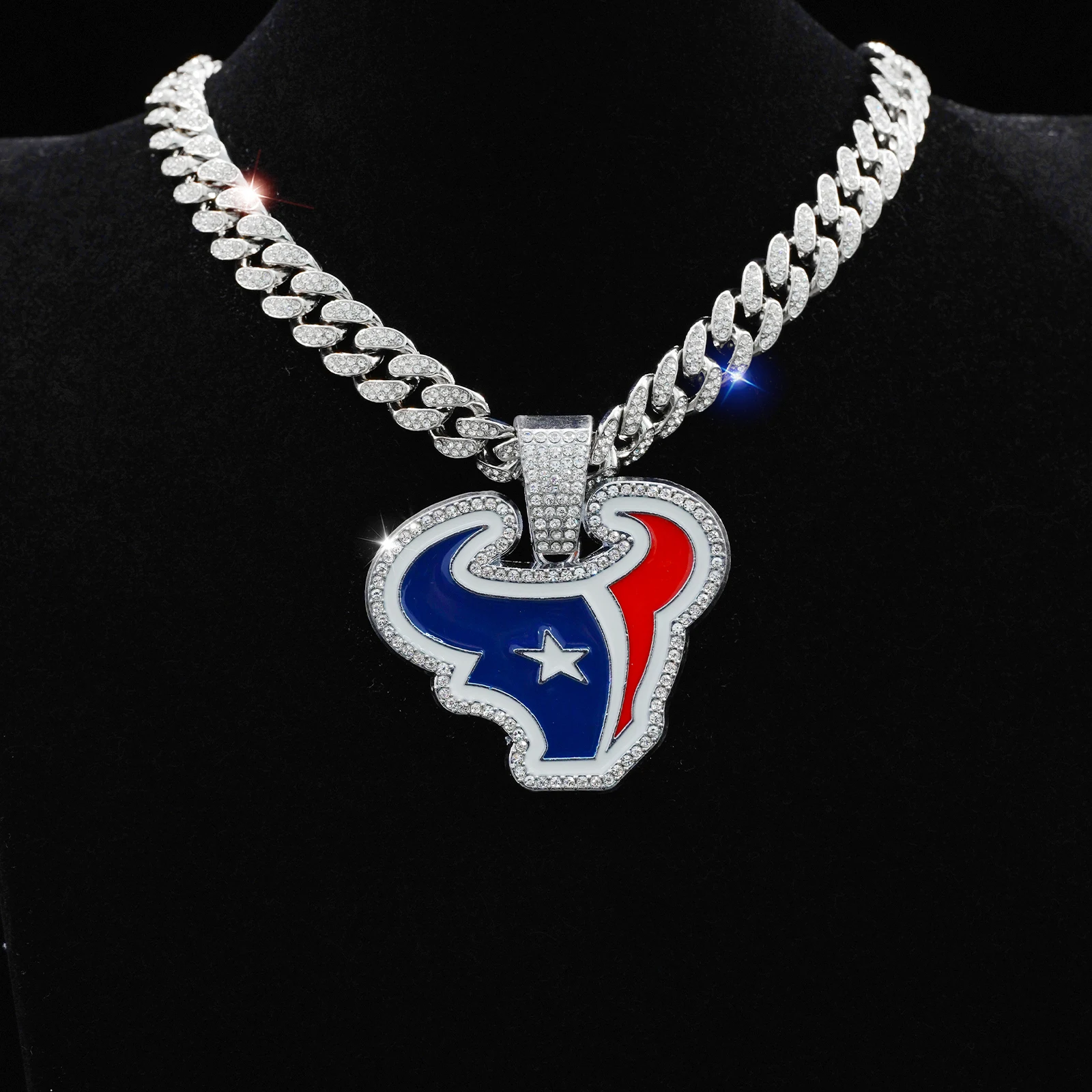 Gold Plated Full Rhinestone HOUSTON TEXANS GEM Pendant Silver Bling Football Necklace Hip Hop Cuban Chain