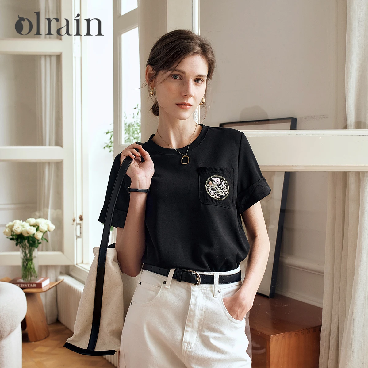 

‌OLrain Women Short Sleeve Black T-Shirt Cotton 2025 Embroidery Casual Elegant Simple Summer Tops for Female Clothes O24XT88560
