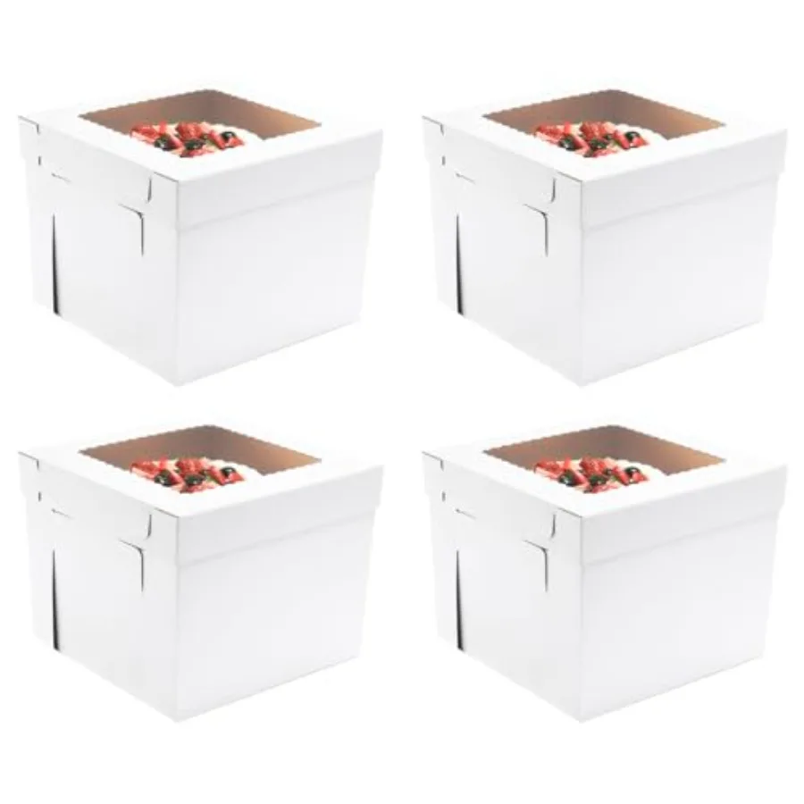 

Высокие коробки для многоярусных тортов 14x14x12 дюймов, 4 штуки, белые, с окном, одноразовые, прочные, для свадебных тортов