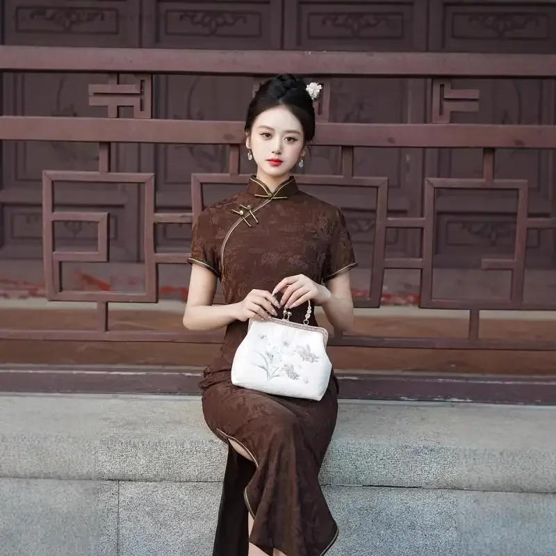 

Sexy Slim Jacquard Cheongsam Elegant Lady Long Qipao Vintgae Evening Vestidos Gown Big Size 3XL 4XL Chinese Traditional Dress
