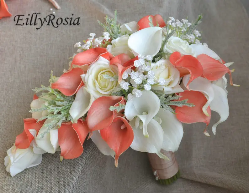 

EillyRosia Brand New Coral Calla Lily Bridal Bouquet White Baby's Breath Roses Cascade Wedding Bouquet for Bride Romantic Chic