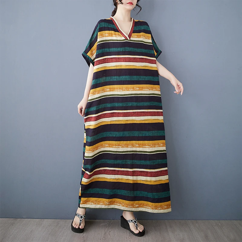 

Summer New Cotton Linen Print V-neck Loose plus Size Simple Holiday Style Long Dress Women Beach Skirt Thin Artistic Style Ci...