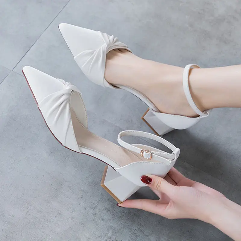 FHANCHU 2022 New Spring Shallow Out Shoes Woman,Fashion High Heels Pumps,Pointed Toe,Ankle Buckle Strap,Black,Beige,Dropship