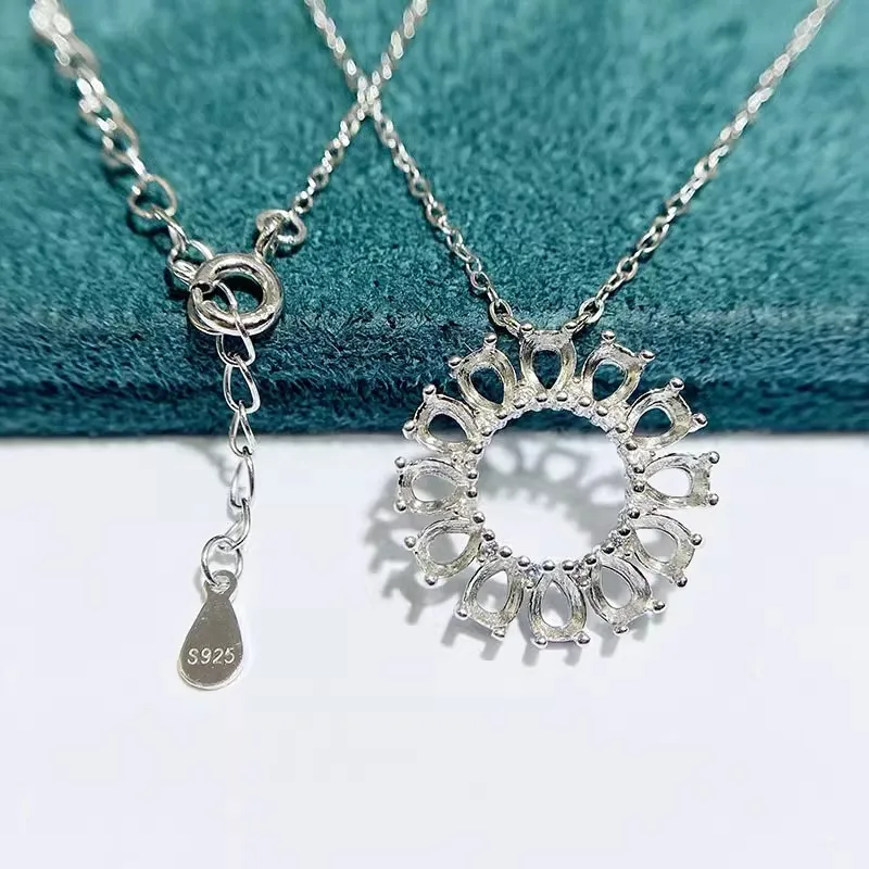 MeiBaPJ 3 Colors 3*4 Water Drop Stone Genuine 925 Silver Flower Pendant Necklace Empty Fitting Fine Wedding  Jewelry for Women