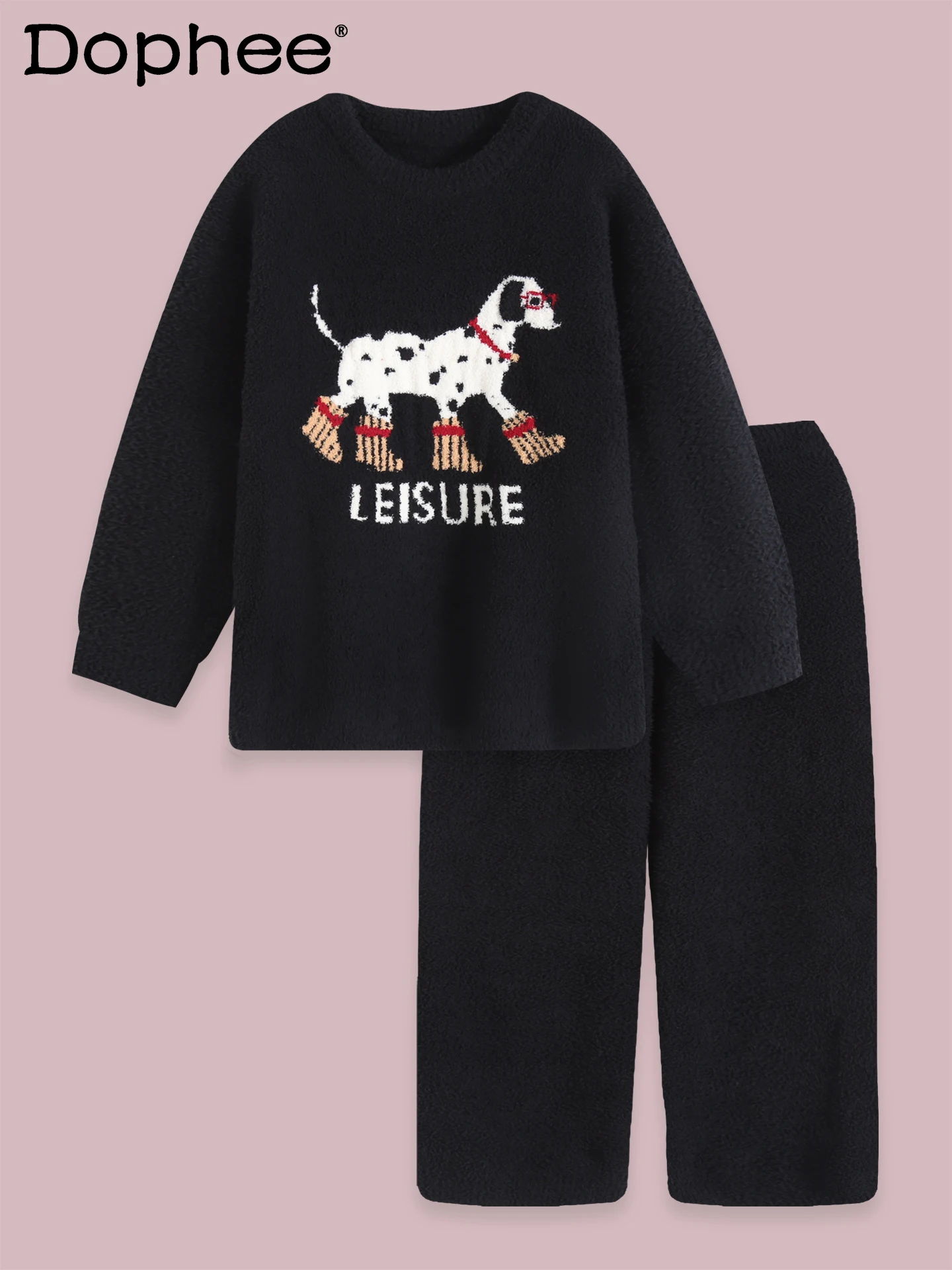 

Black Cartoon Cute Puppy Pajamas for Women Winter Japanese Style Thin Velvet Cute Thickened Wearable Coral Fleece Homewear