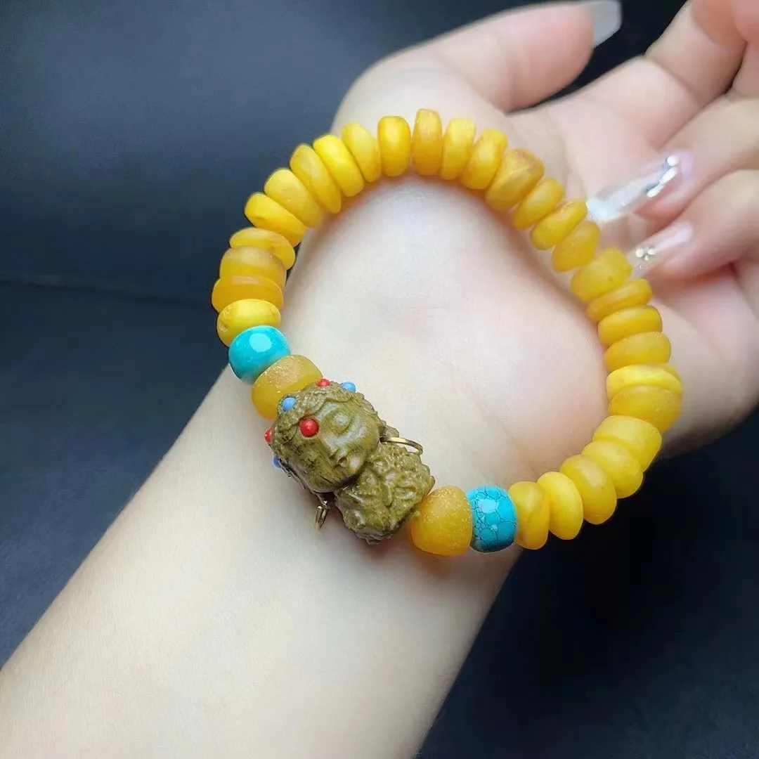 

New arrival natural stone yellow beeswax amber bracelet smooth Conformal beads loose fine jewelry making diy bracelets