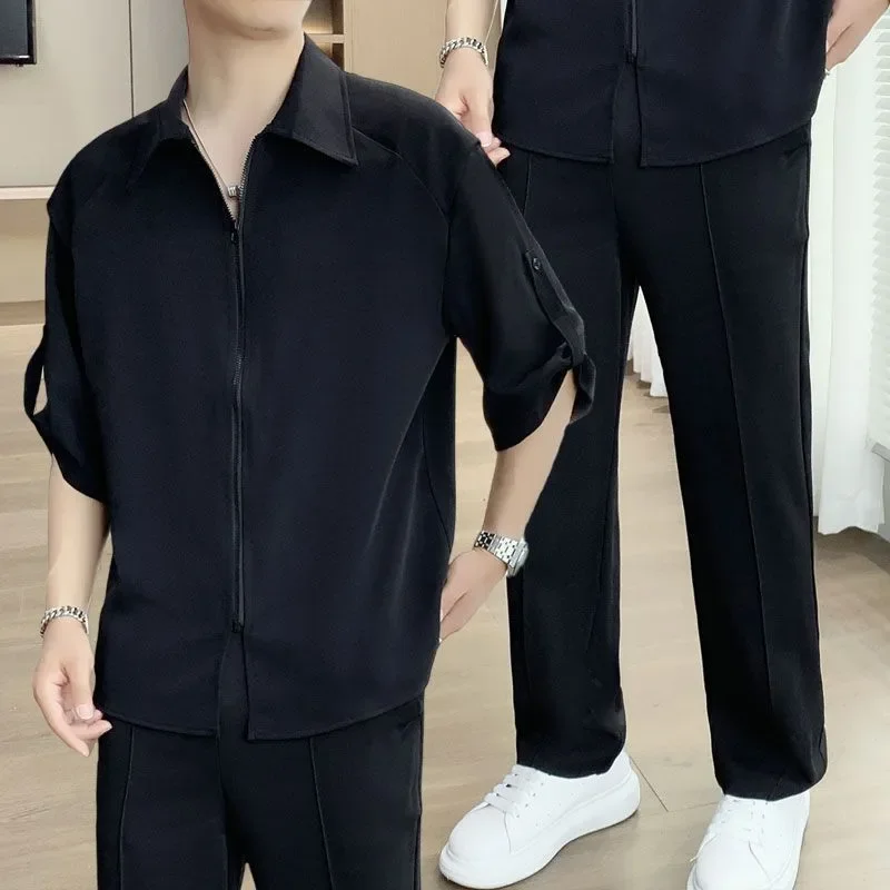 

Мужская летняя повседневная рубашка из ледяного шелка без железа с короткими рукавами, комплект из двух предметов, брюки, драпированный свободный костюм