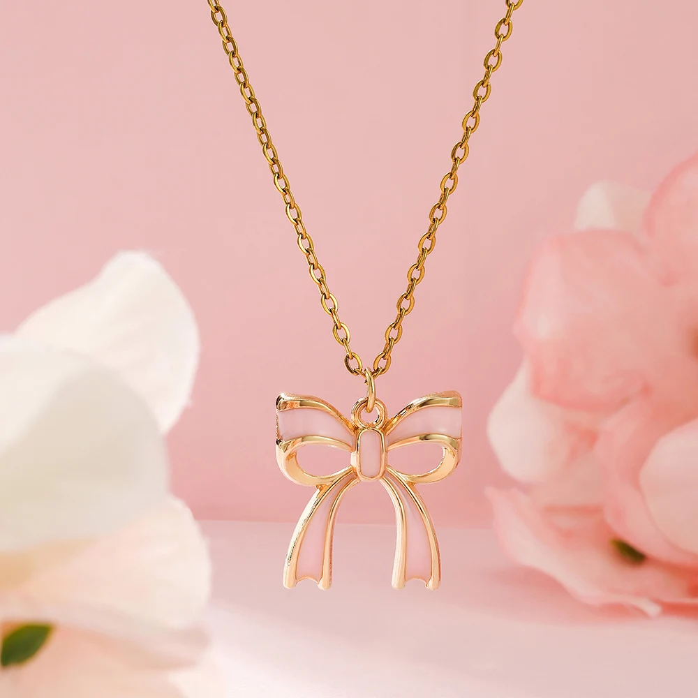 Pink Bowknot Enamel Pendant Necklace Golden Color Chain Fashion Jewelry for Women Girls Sweet Daily Wear Necklace Sweater Chain