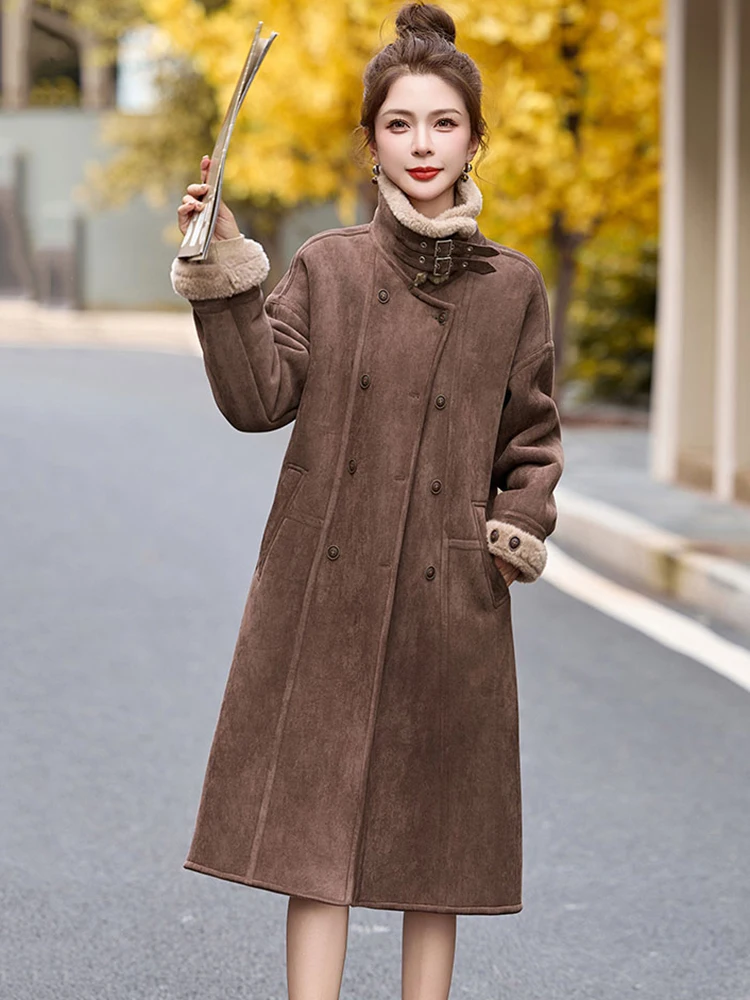 New Women Autumn Winter Thick Coat Fashion Turn-down Collar Velvet Lining Loose Overcoat Casual Double Breasted Long Coat