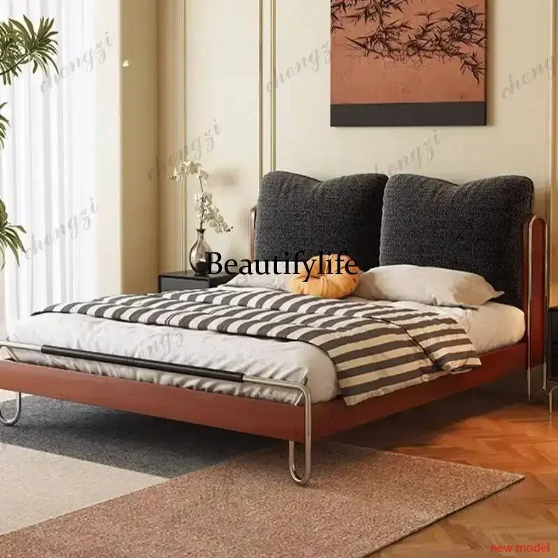 N138Normal Base Double Bed Decoration Elegant Beige dults Cloud Double Bed Wooden Japanese Modern Camas De Dormitorio Furniture8