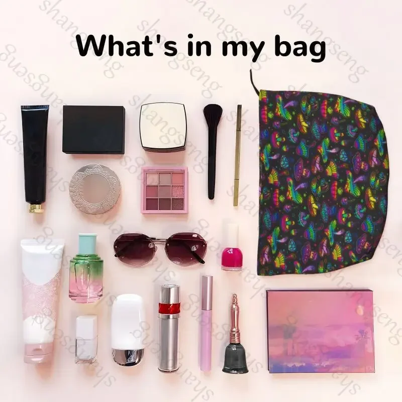 Corduroy cosmetic bag portable travel toiletries bag, beauty makeup skin care sundries storage bag Colorful mushroom luxury