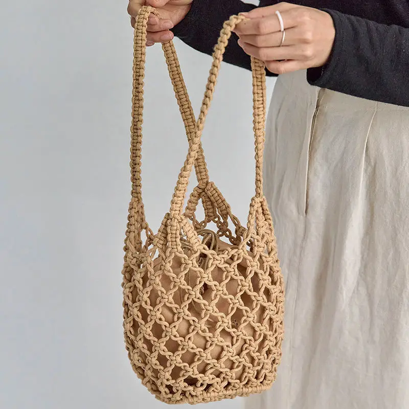 Summer Beach Bag For Women Mesh Rope Knitted Bucket Shoulder Bags Reticulate Hollow Travel Shopper Totes Ladies Fashion Handbag