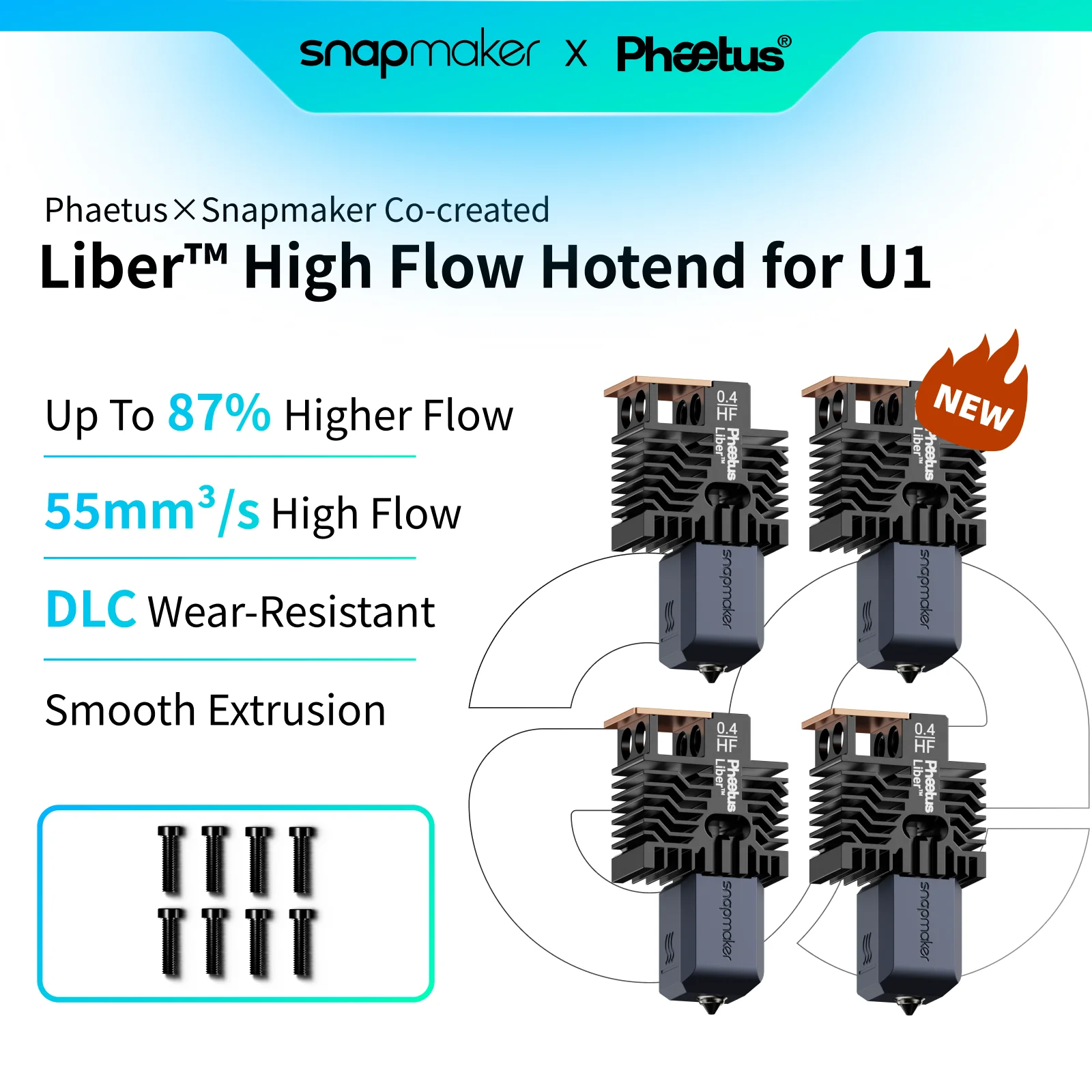 Phaetus X Snapmaker U1 Hotend Liber High Flow Nozzle For Snapmaker U1 Up to 55mm³/s High Speed DLC Coated Steel 3D Printer Parts