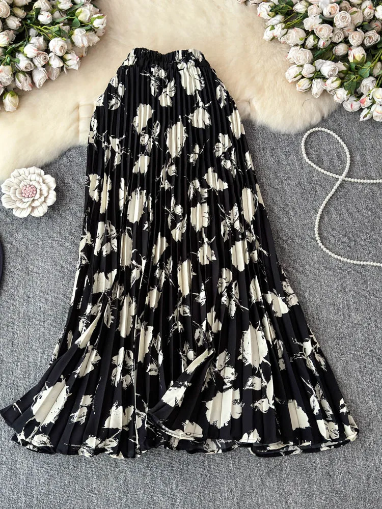 Spódnica midi plisowana, wyszczuplająca, w stylu retro, z wysokim stanem, wzór kwiatowy, odzież damska, wiosna 2025.