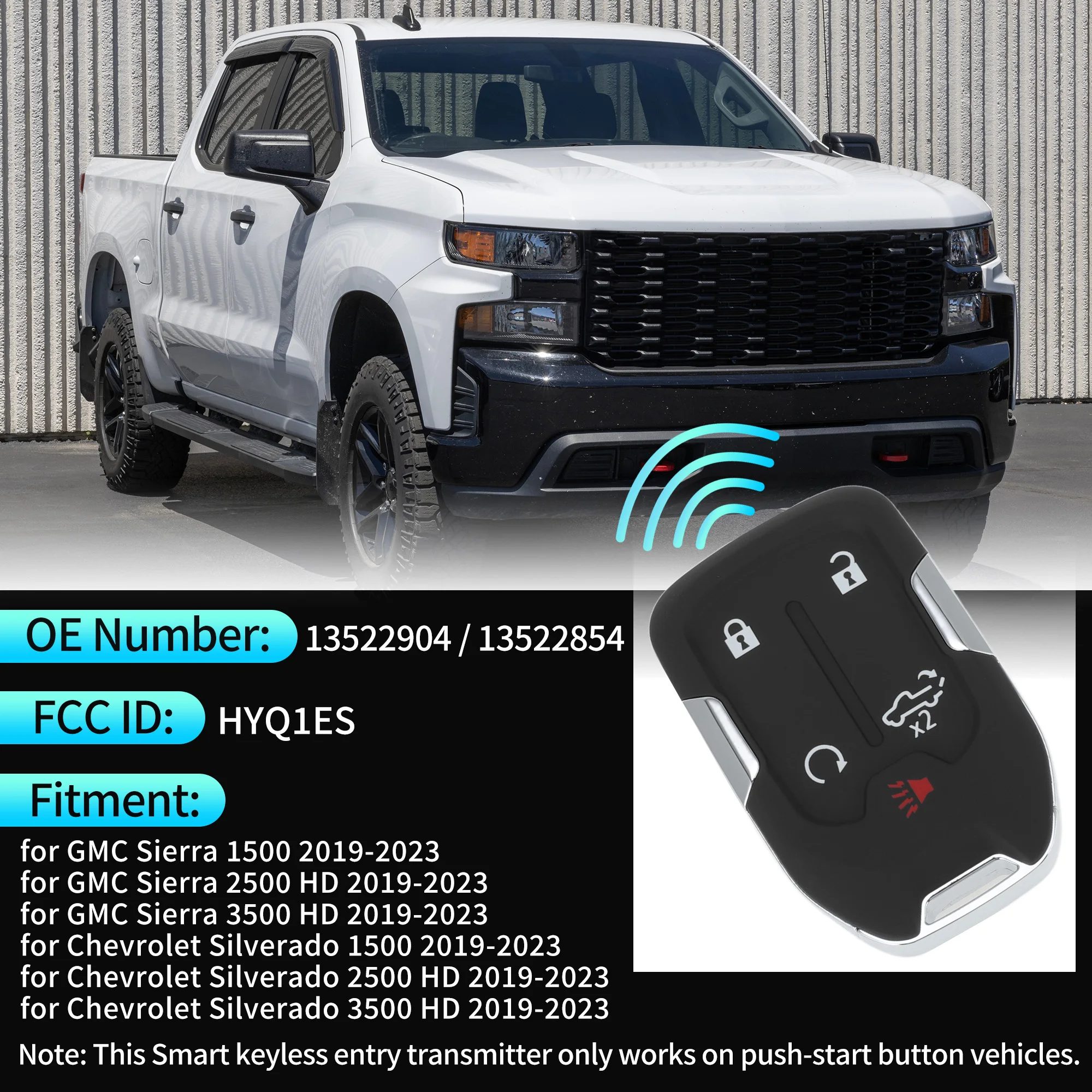 UXCELL HYQ1ES 433 MHz Chevy Silverado 1500 2500 19-23용 열쇠가 없는 출입 원격 키 Fob
