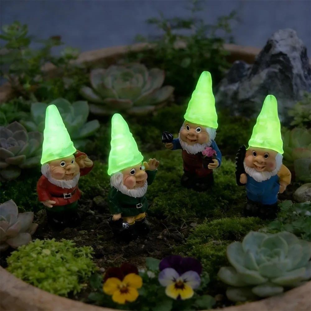 4Pcs Luminous Dwarf Elf Garden Lamp Micro Landscape Inserting Landscape Light Resin Inserting Dwarf Garden Statue Lawn