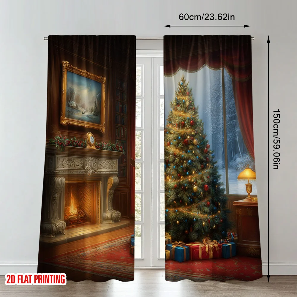 2 قطعة 2D الطباعة المسطحة عيد ميلاد سعيد الستائر مريحة شجرة عيد الميلاد الموقد الرقمية المطبوعة البوليستر الستائر الربيع استخدام ل #2