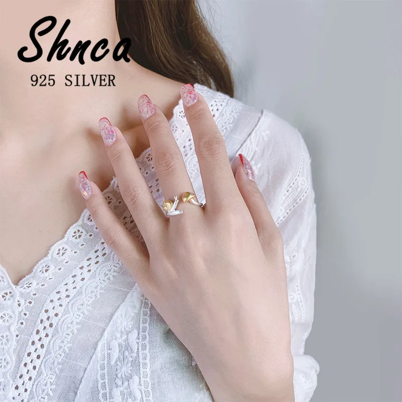 

Hot Sale 925 Sterling Silver Creative Snail Mushroom Rhinestone Open Rings For Women Girl Anti-Allergy XR398