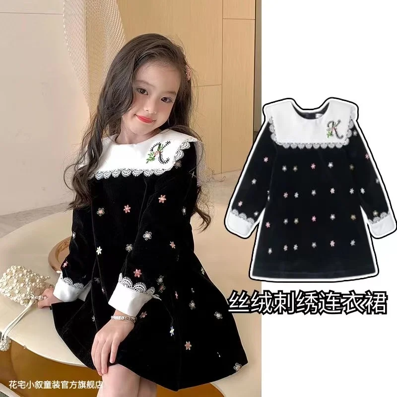 Girls Dress Velvet Black And White 2024 New Embroidered Autumn Long Sleeved Dress With Children\'s Autumn And Winter Doll Collar