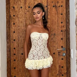 Women Summer Strapless Mini Lace Dress Elegant Sexy See Through Ruffles Hem Sleeveless Backless Bodycon Birthday Party Clubwear