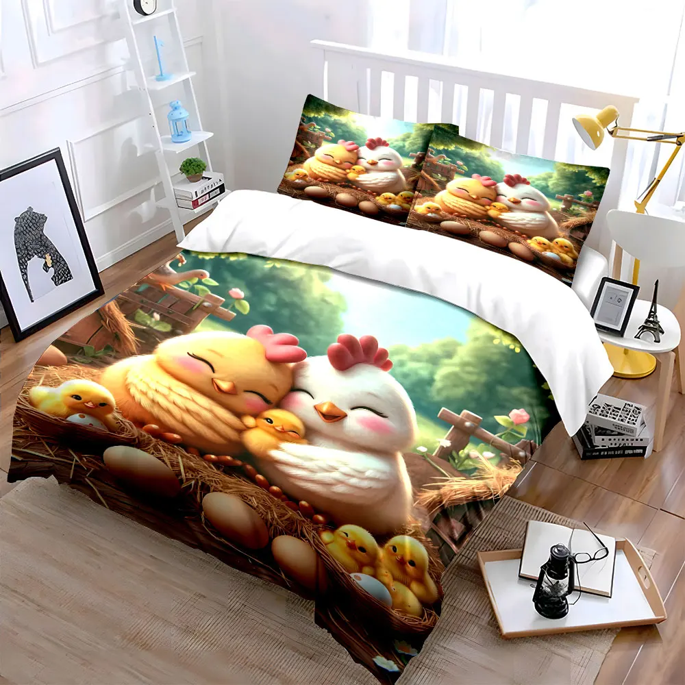 Cute Chicken Family Decor Set Bedding Set with 1 Duvet Cover 2 Pillowcases Single Double King Queen, Gift
