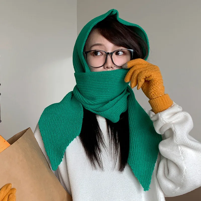 

New Versatile Solid Color Hat Scarf Shawl Three-in-one Winter Cold-proof and Warm Pullover Wool Hat Couple