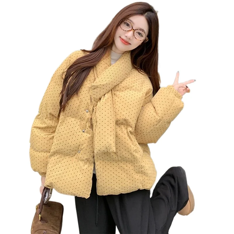 New Fashionable and Versatile Casual Korean Version Scarf Collar Design Sense of Polka Dots and Thickened Warm Cotton Clothes.