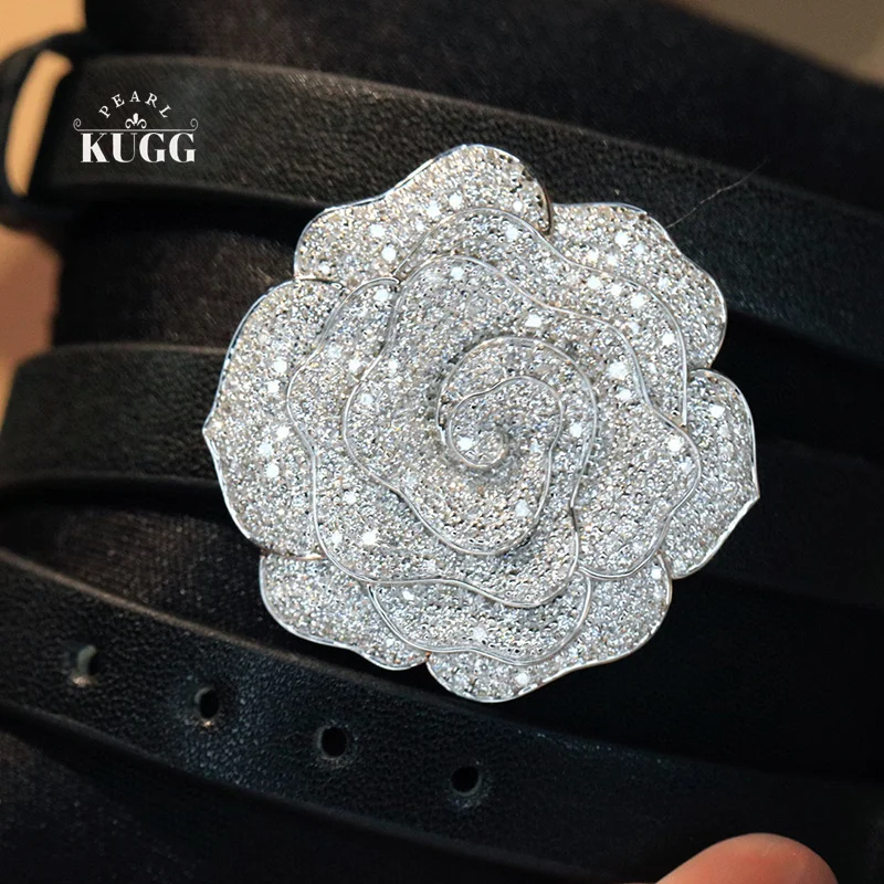 KUGG 100% 18K White Gold Necklace Women 1.78carat Real Natural Diamond Pendant Necklace&Brooch Flower Shape High Party Jewelry