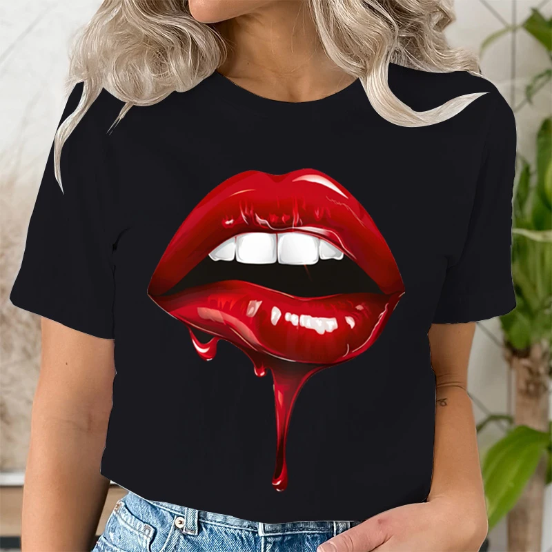 Casual Tee Shirt Lady Clothes Top Short Sleeve Casual Fashion Tshirt Summer Female T Women LIPS BLOOD Graphic T-shirts Clothing