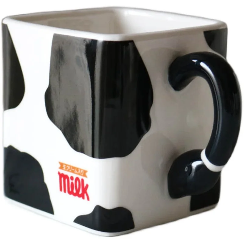 Imagem -05 - Tingke Estilo Japonês dos Desenhos Animados Vaca Quadrado Cerâmica Caneca Criativa Preto e Branco Padrão de Vaca Cerâmica Copo de Café Copo de Leite Presente