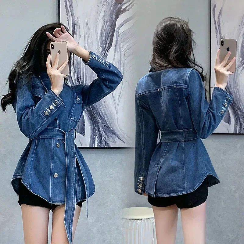 

High Grade Womens Denim Jacket Spring Autumn Casual Basic Coat Female Korean Loose Motorcycle Jackets Belt Blue Tide JJ117