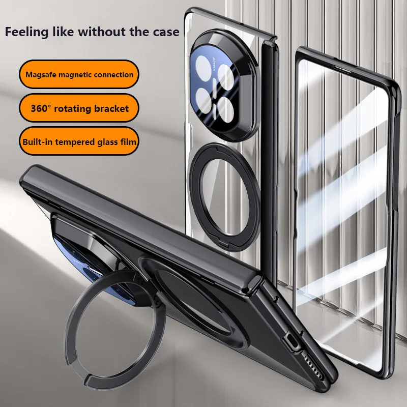 

Electroplated Transprent Protective Case For Huawei Mate X7 MateX7 Rotation Stand Magnetic Fold Hinge Cover With Tempered Film