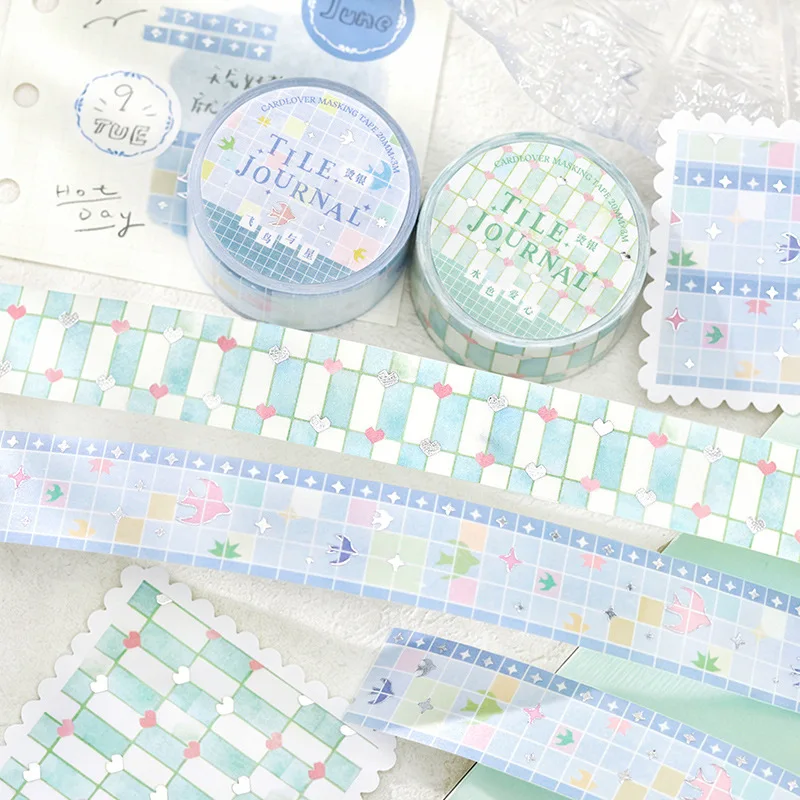 1roll New Floral Tile Pattern Foiled Washi Tape Silver Hot Stamping Diy Journal Planner Decorative Masking Tape Craft Supplies