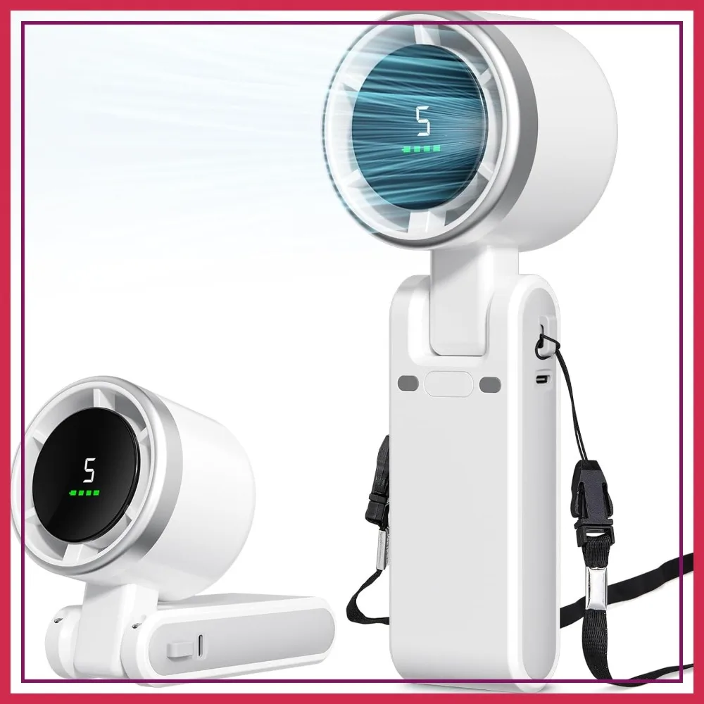 

Mini Portable Fan, Handheld Turbo Fan, 5-Speed Rechargeable, LED Display, Foldable Design White