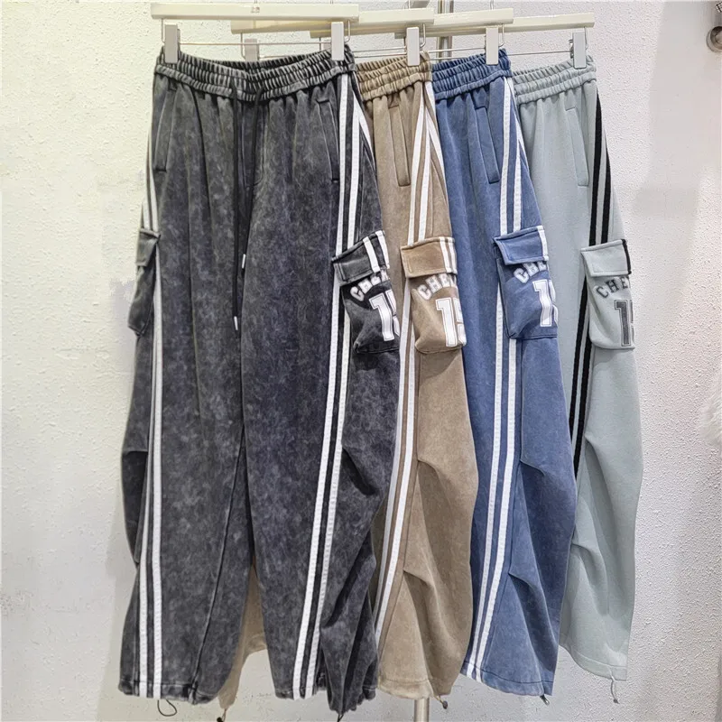 HKSH ربيع الخريف جديد المرأة Sweatpants مرونة الخصر التباين اللون متعدد جيب أنيقة موضة عادية بنطال رياضي HK13504