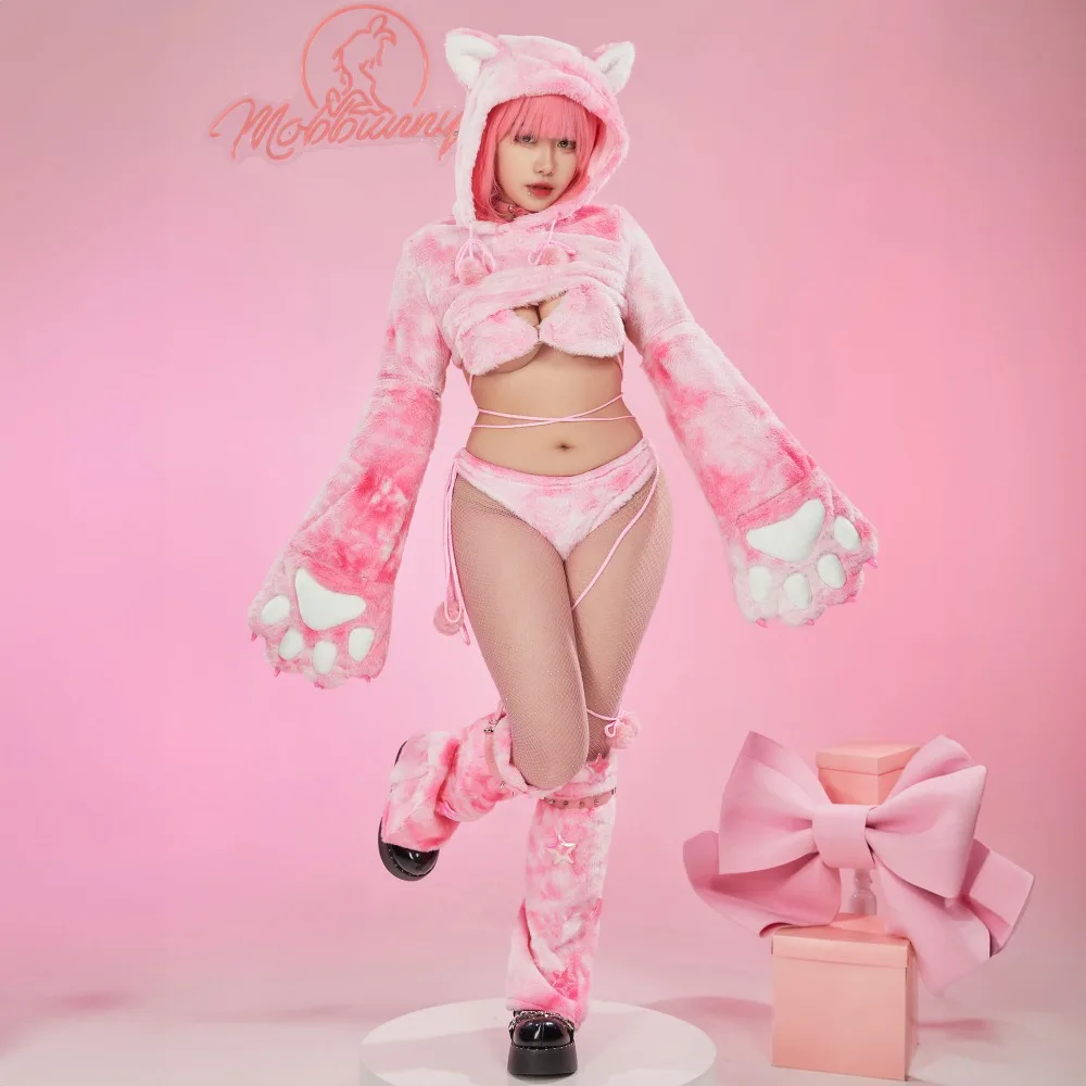 Mobbunny Women Sexy Lingerie Set Pink Cat Style Furry Paw Top and Panty with Paws and Fishnet Stockings Halloween Costume