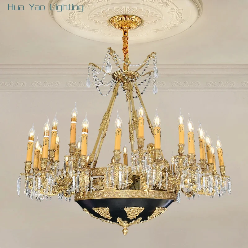 

French Mid Century Antique Copper Pendant Light Hotel Villa Hall Living Room Crystal Lamp European Brass Chandelier
