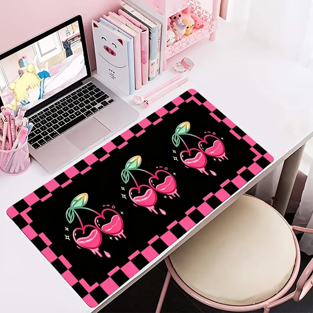 Cute Pink Cherry Heart Large Extended Gaming Mouse Pad Non Slip Desk Surface Sweet Fruit Print For Gaming And Office Workspace