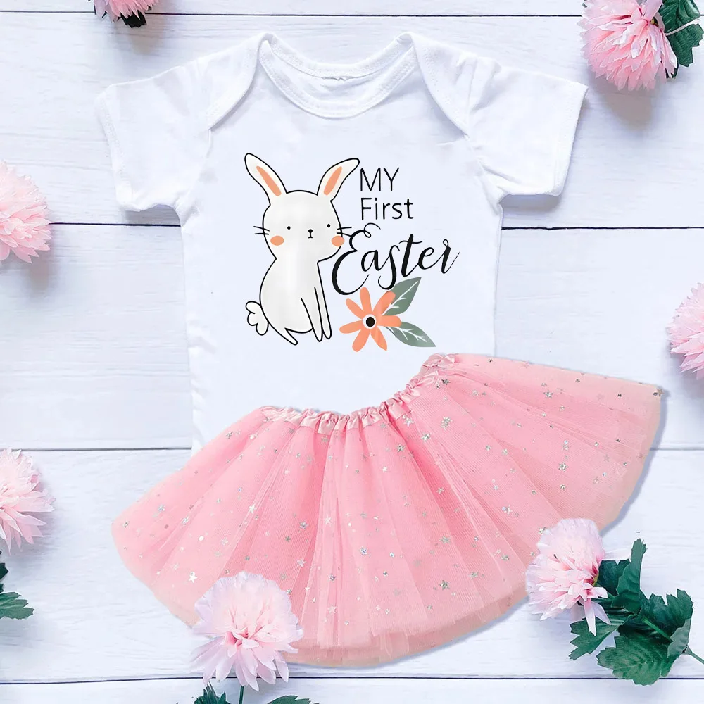 

My First Easter Baby Tutu Skirt Set Bunny Pattern Print Infant Dress Newborn Bodysuit+Cake Skirts Easter Day Baby Clothes