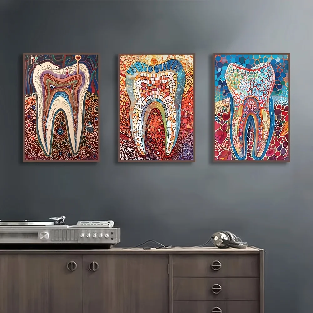 （NoFrame 3pcs）-3pcs Dental Implantation Watercolor Art Prints - Frameless, Vibrant Teeth Anatomy Posters for Dental Clinic De