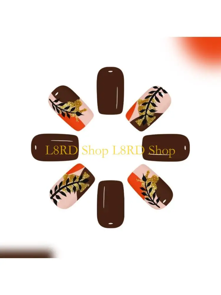 L8RD False For Daily Party Brown Gold Foil ABS Press On 24pieces/set