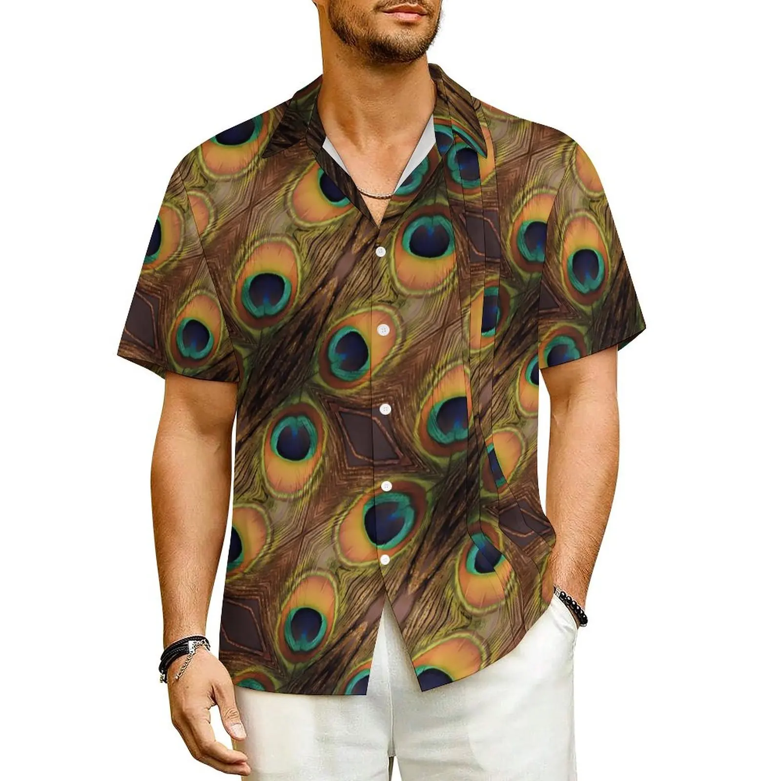 

Colorful Peacock Casual Shirt Green Gold Black Elegant Summer Shirts Men Short-Sleeved Beach Fashion Pattern Oversized Blouses